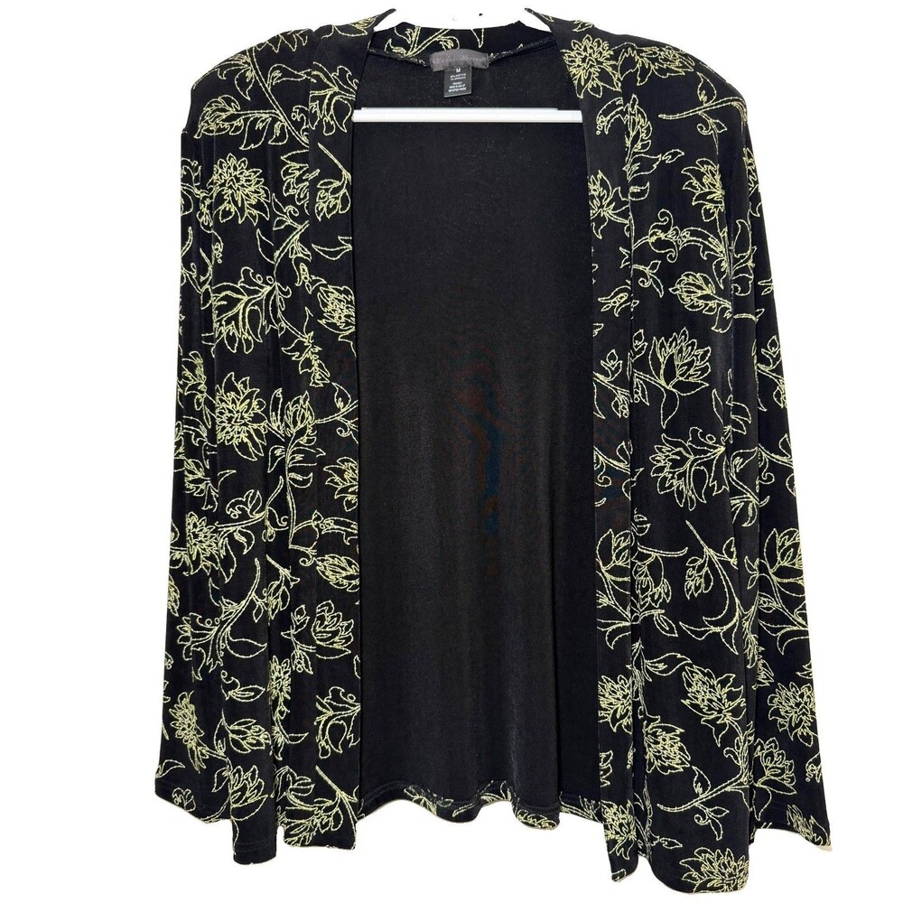 Vintage Made in Heaven M Black Lime Green Floral Slinky Travel Knit Cardigan